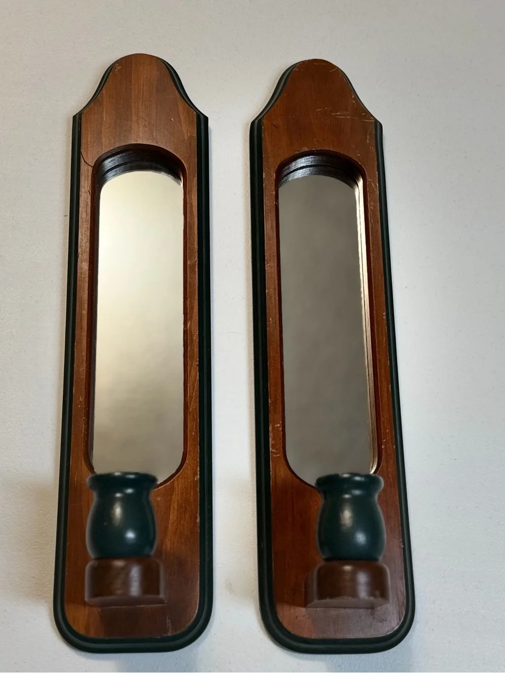 Vintage Wooden Wall Scones With Mirrors & Candle Holders Rustic Brown & Green